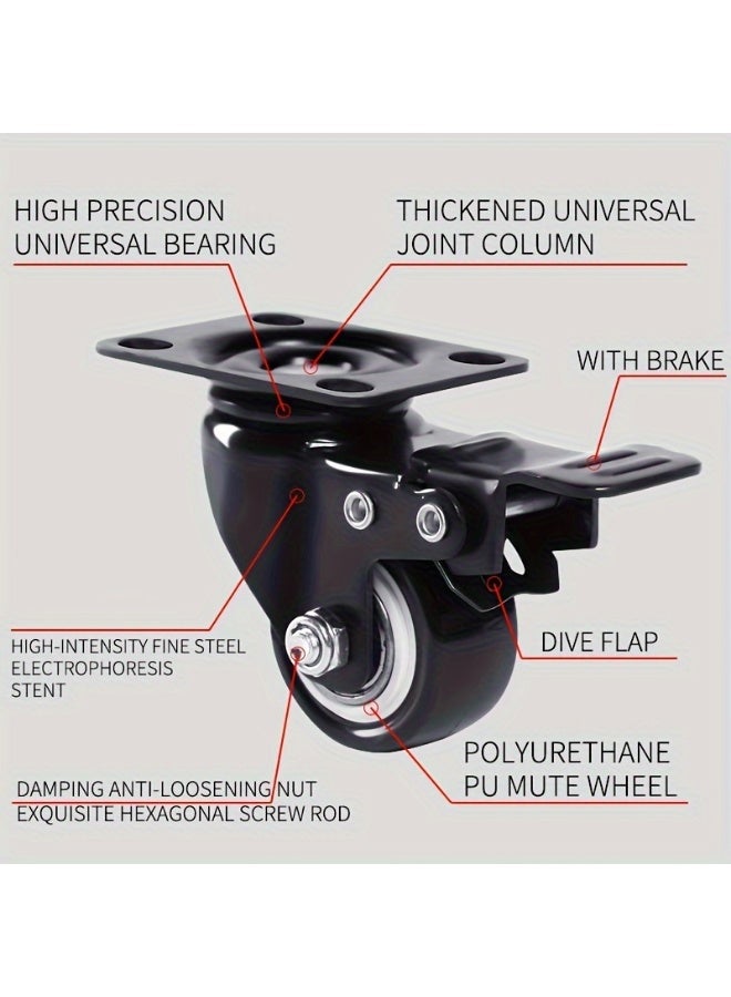 4PCS 2 inch Caster Wheels, 2 with Brakes and 2 Without, Heavy Duty Casters,360 Degree No Noise Polyurethane Wheels for Cart, Furniture, Workbench - Image 4